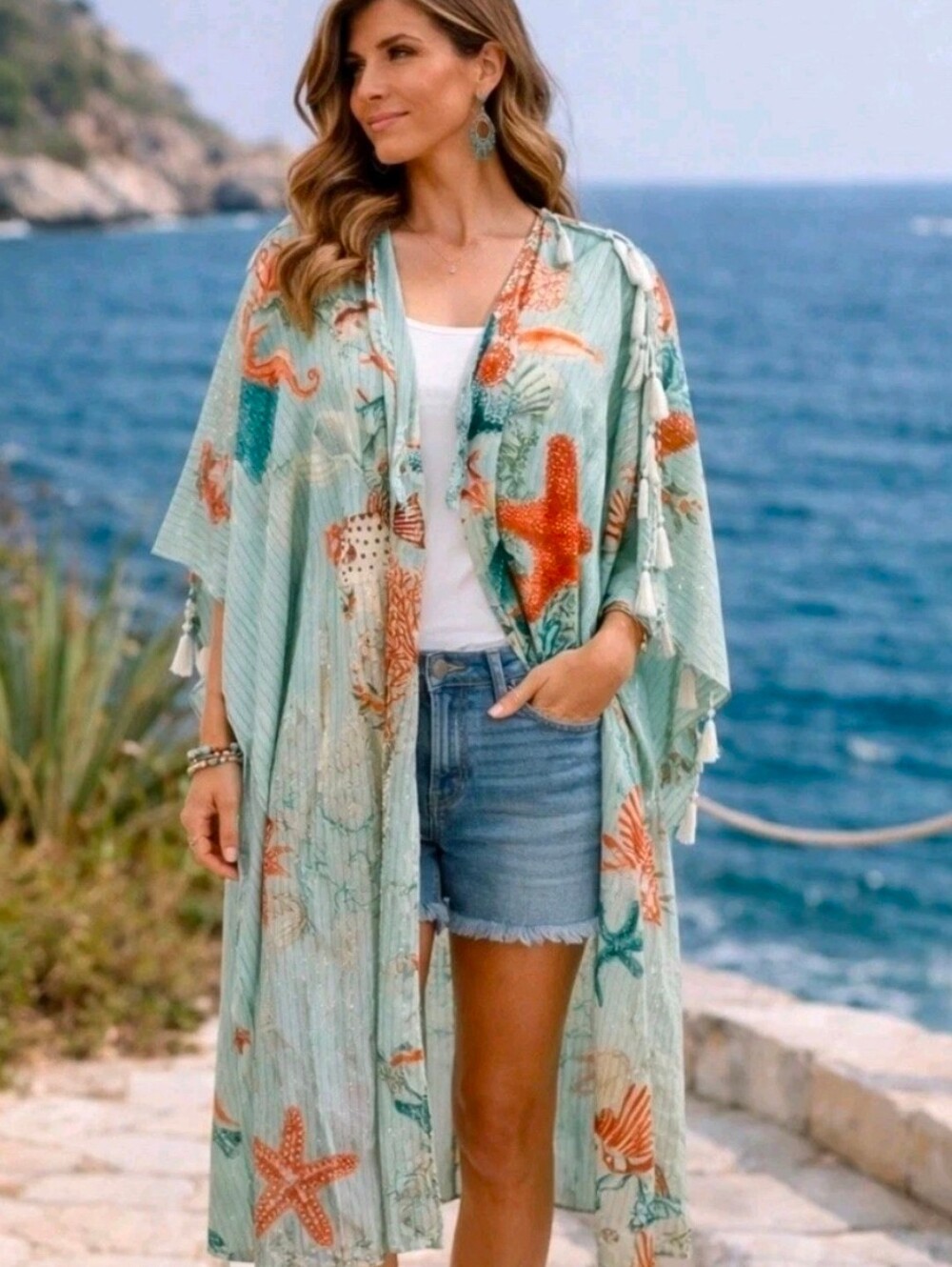 100% Cotton And Gold Aratta Mint & Coral Starfish Kimono Duster - OS